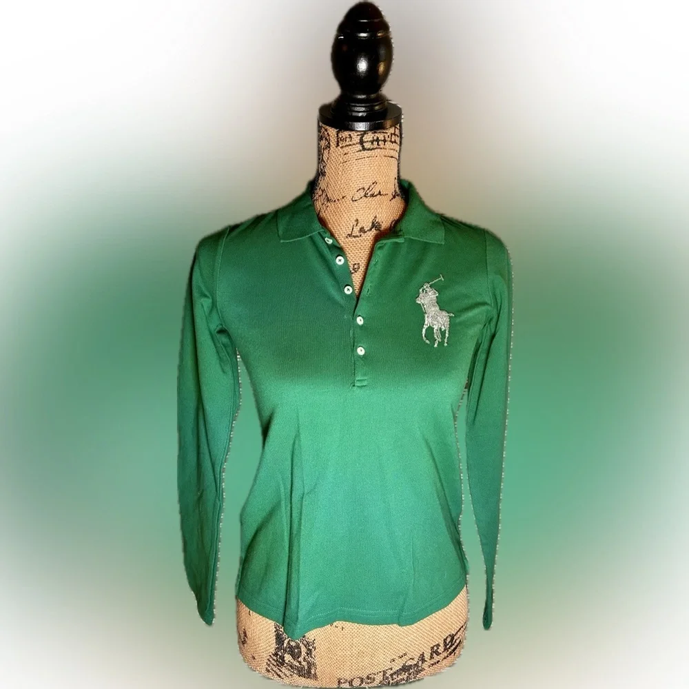 Ralph Lauren Beaded Big Pony Blue Label Green Long Sleeve Polo Girls L 12/14
